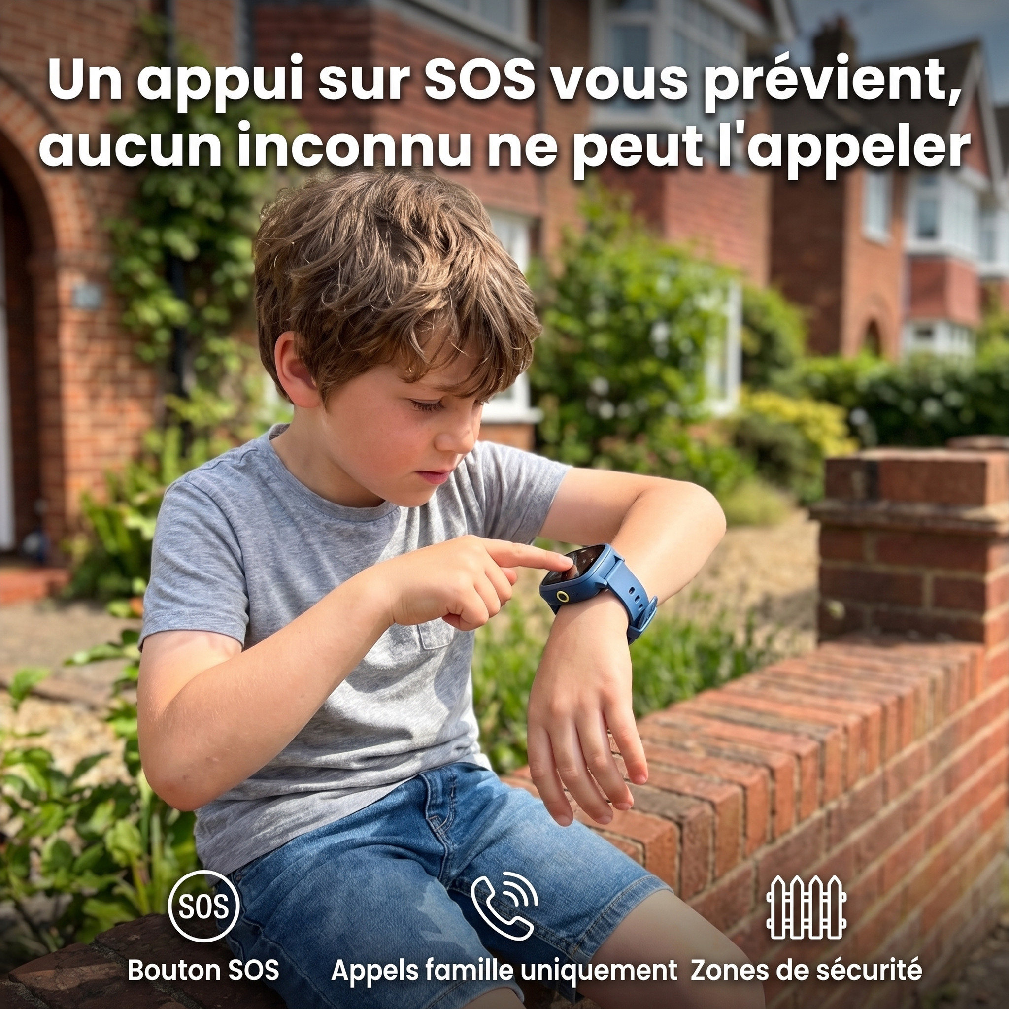 Garçon assis sur un muret qui appuie sur le bouton SOS de sa montre Kidspot : appels famille uniquement, zones de sécurité