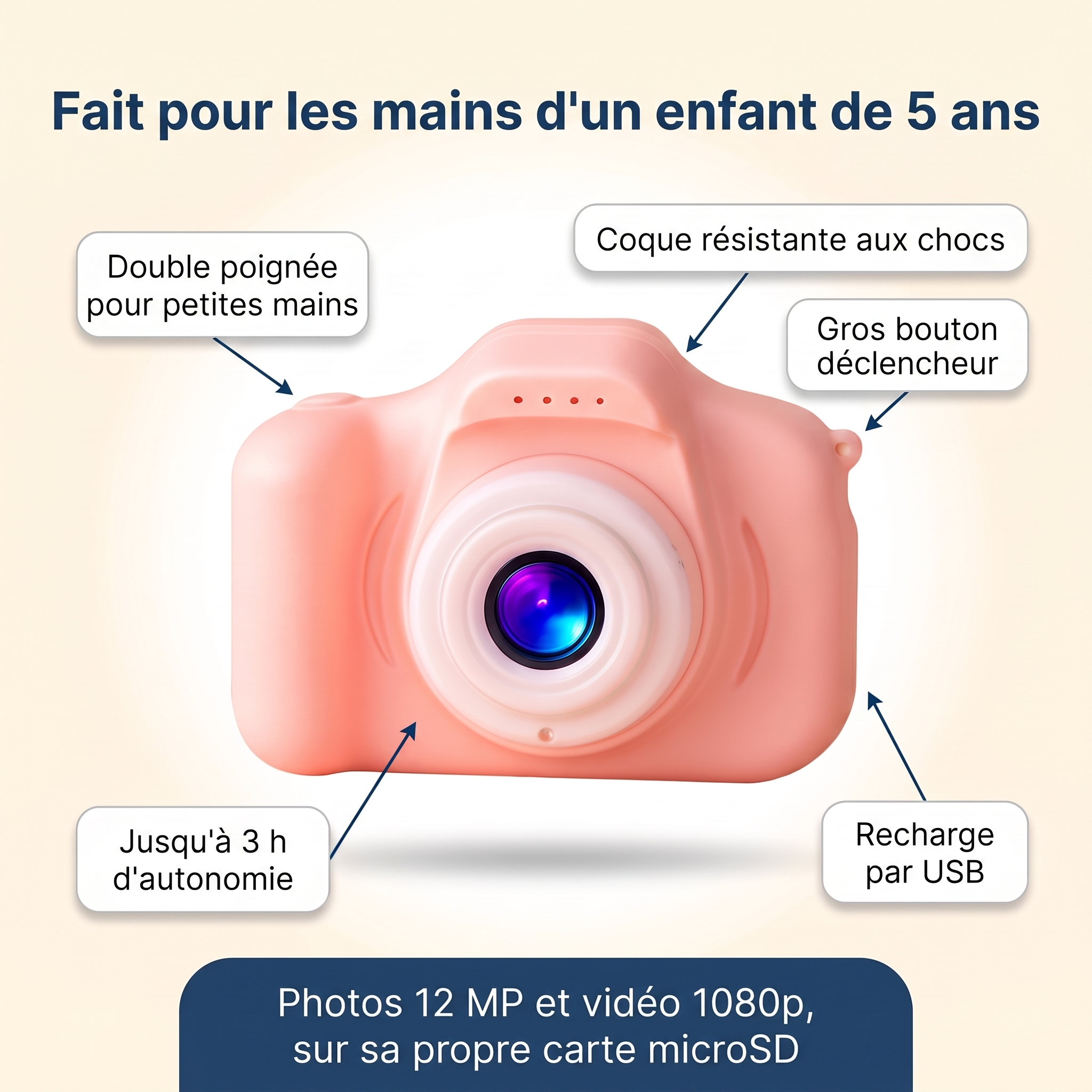 Appareil photo enfant : double poignée, coque antichoc, gros déclencheur, 3 h d'autonomie