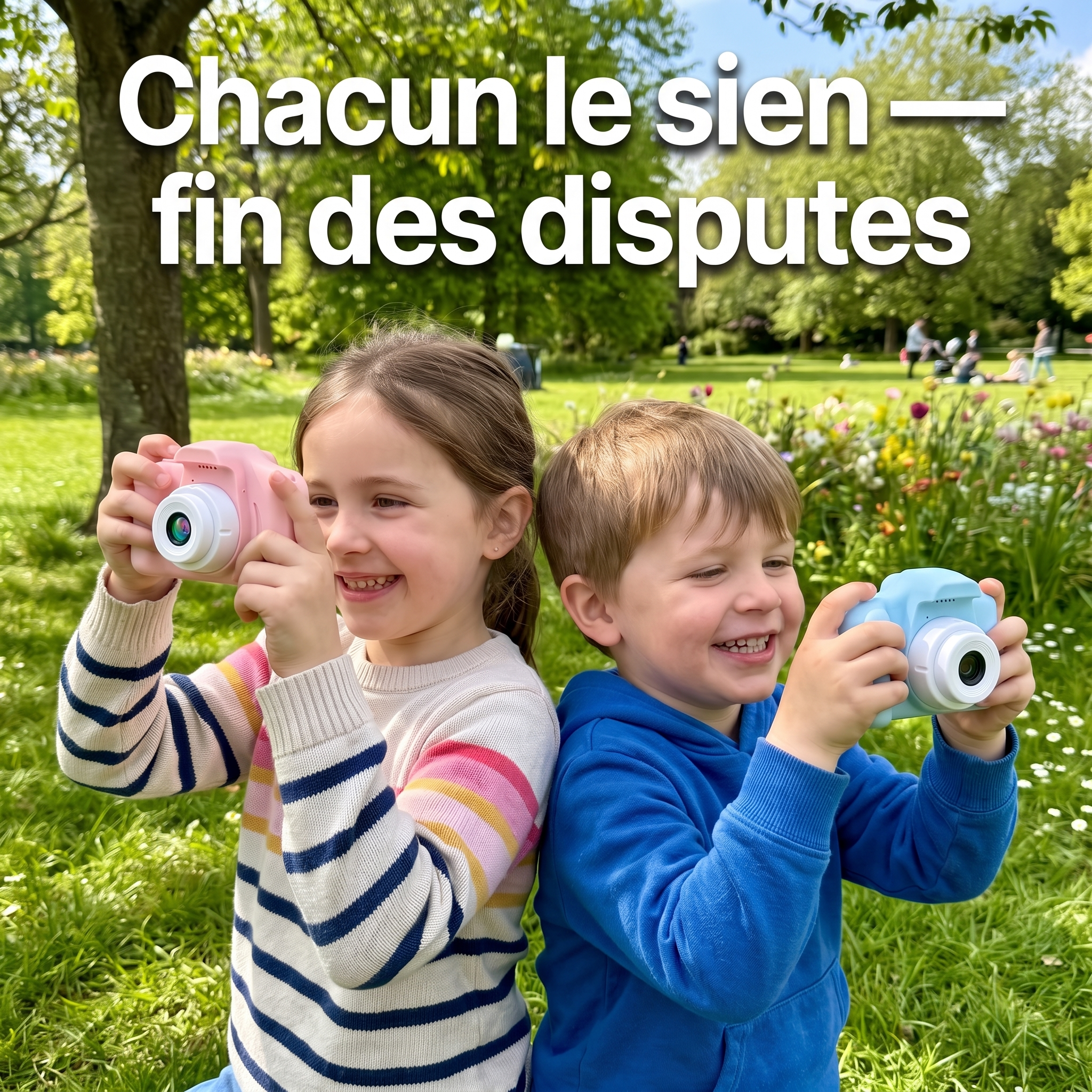 Frère et sœur avec chacun leur appareil photo enfant rose et bleu
