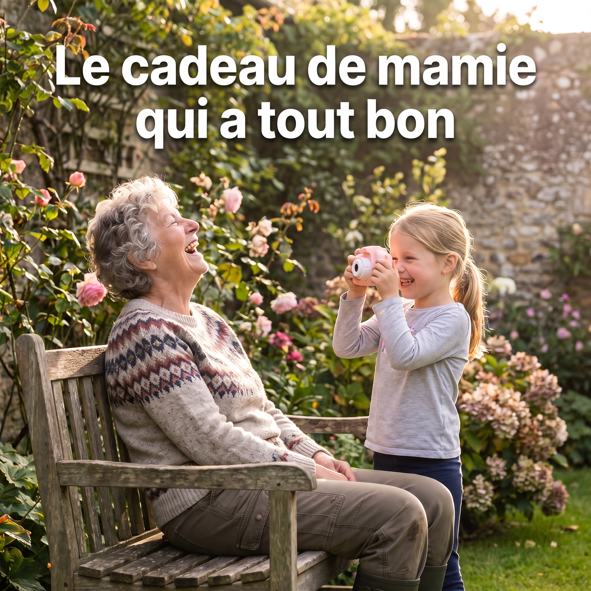 Petite fille qui photographie sa grand-mère avec son appareil photo, idée cadeau de mamie
