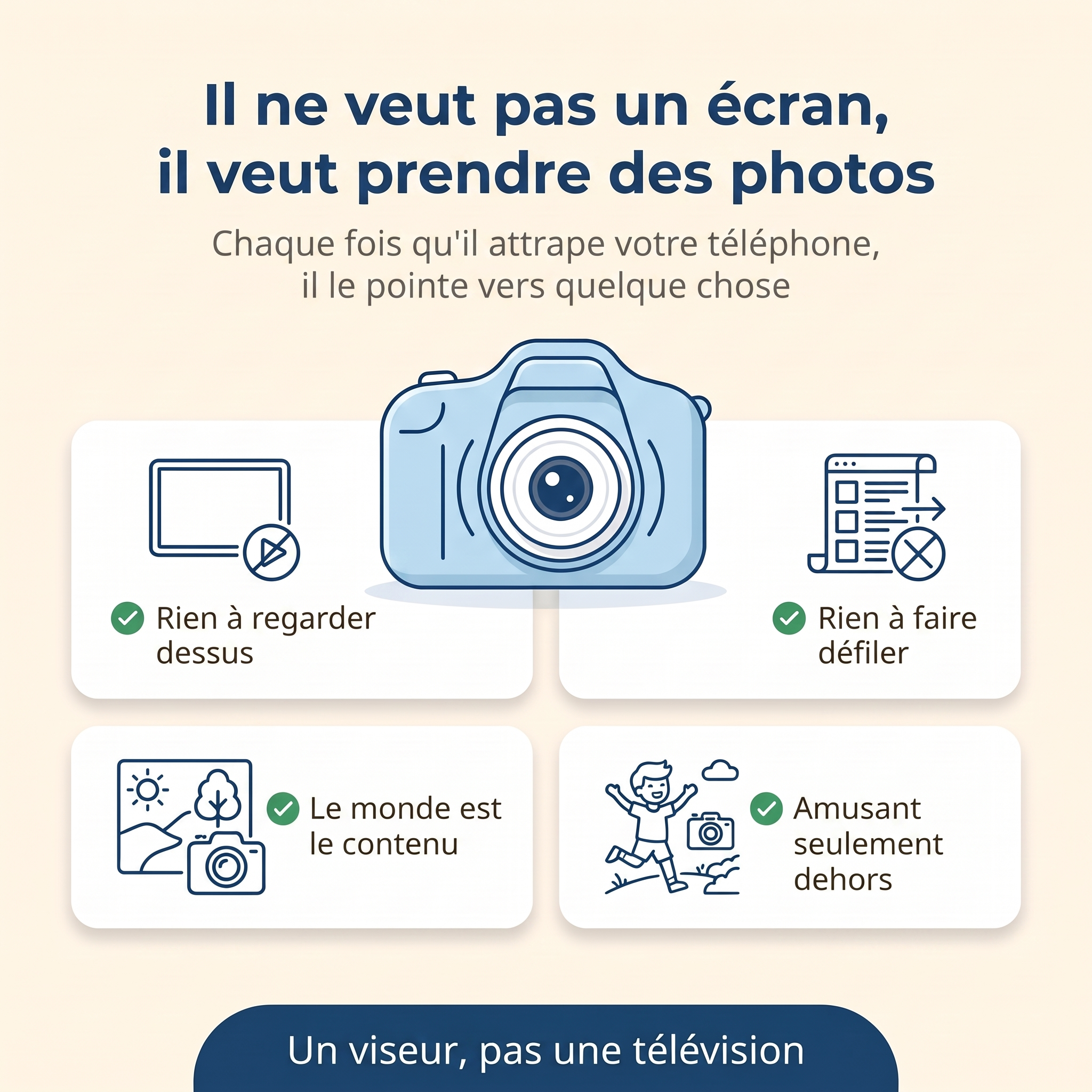 Appareil photo enfant : rien à regarder, rien à faire défiler, un viseur pas une télévision