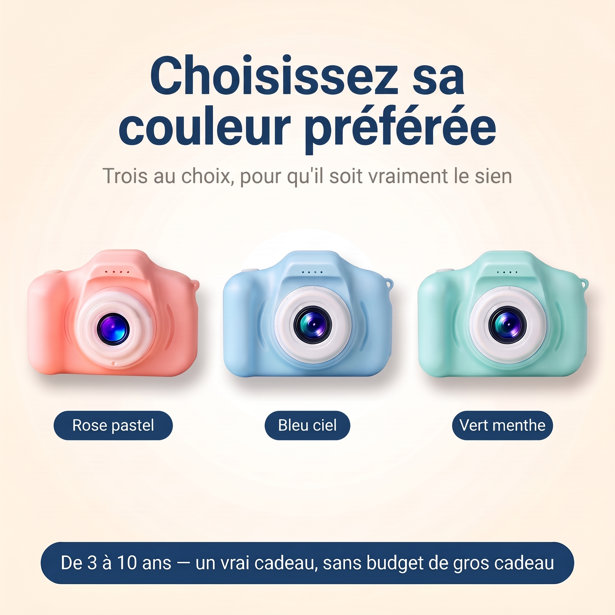 Les 3 coloris de l'appareil photo enfant : rose pastel, bleu ciel, vert menthe
