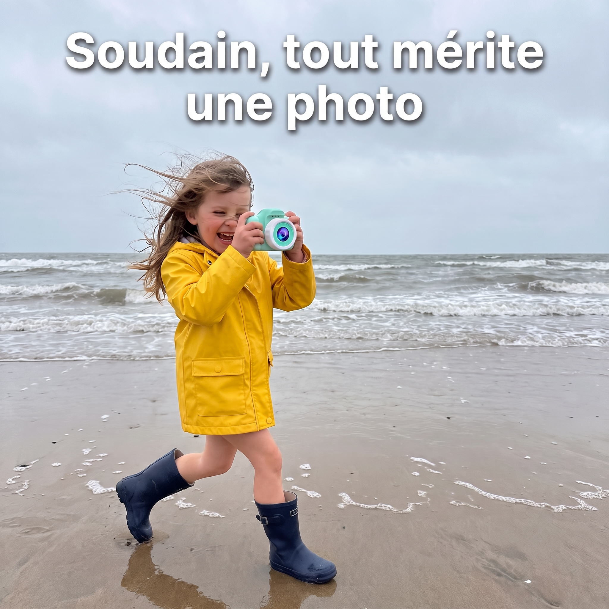 Petite fille en ciré jaune qui prend des photos à la plage avec son appareil photo enfant