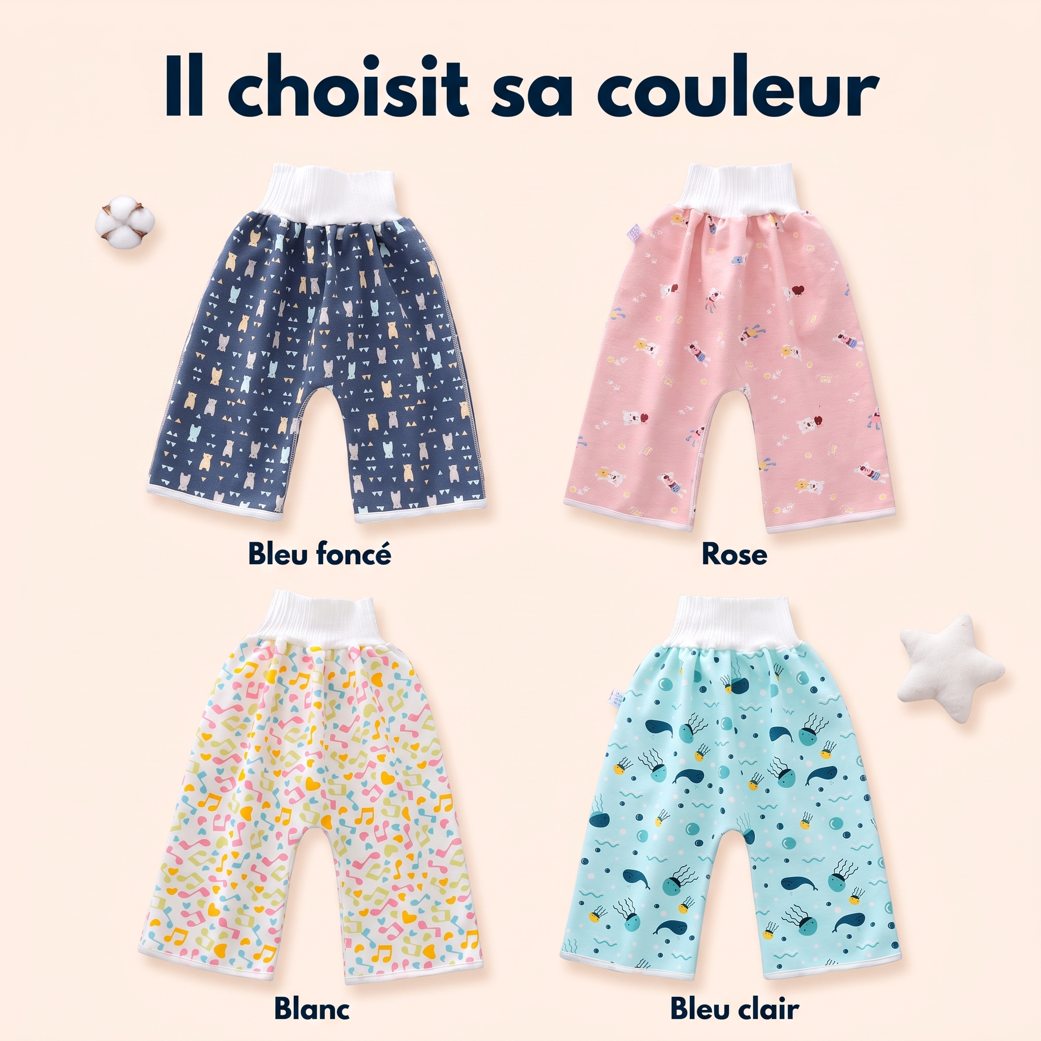 Les 4 coloris PantaSec : bleu foncé, rose, blanc, bleu clair
