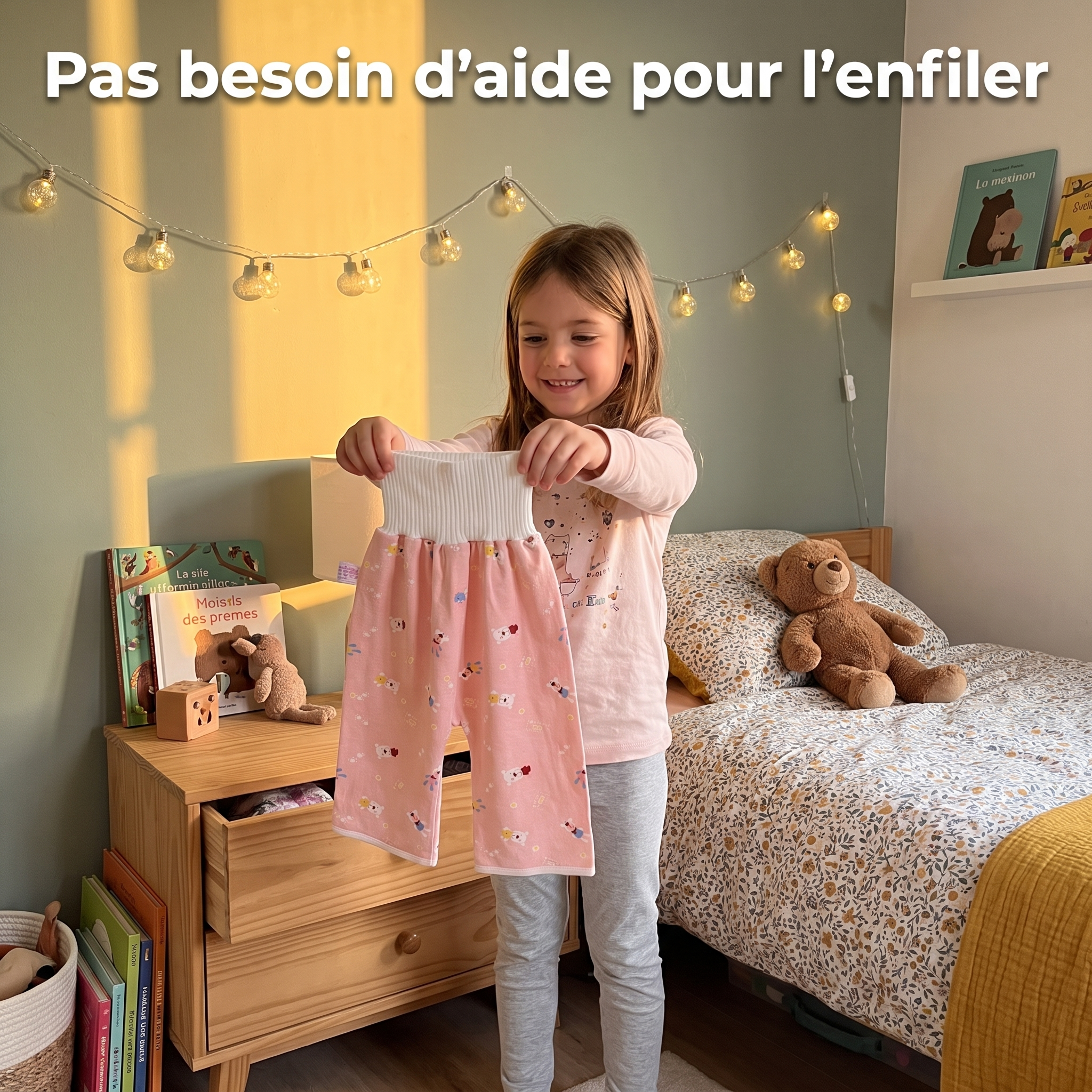 Petite fille qui prend son PantaSec rose seule avant d'aller se coucher