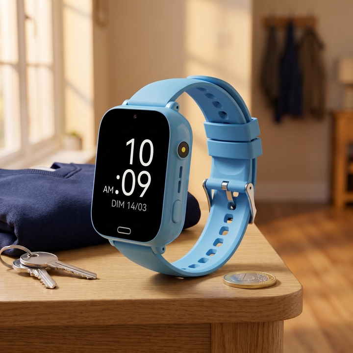 Montre de localisation enfant Kidspot bleue, à côté de clés et d'une pièce d'un euro pour l'échelle