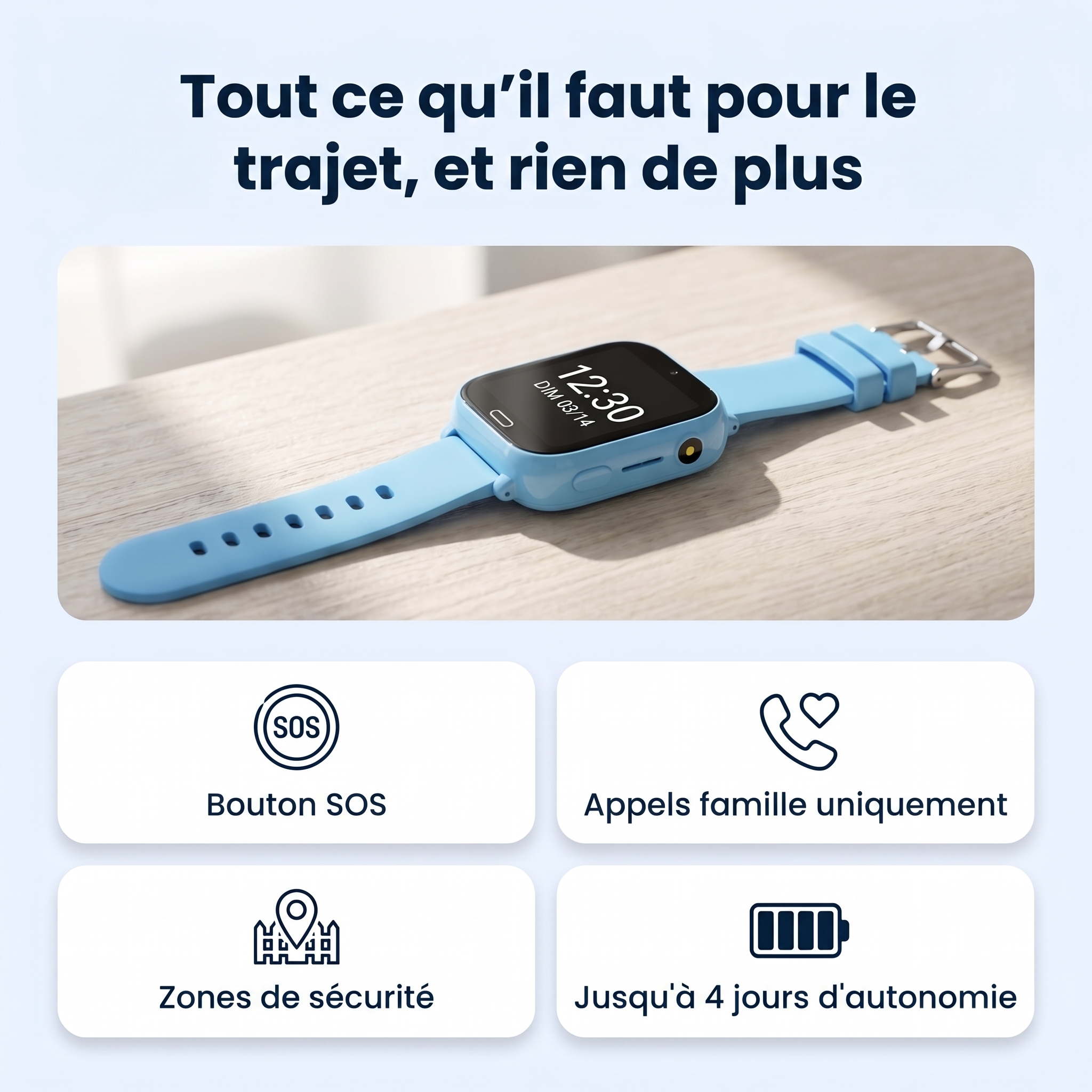 Kidspot : bouton SOS, appels famille uniquement, zones de sécurité, jusqu'à 4 jours d'autonomie