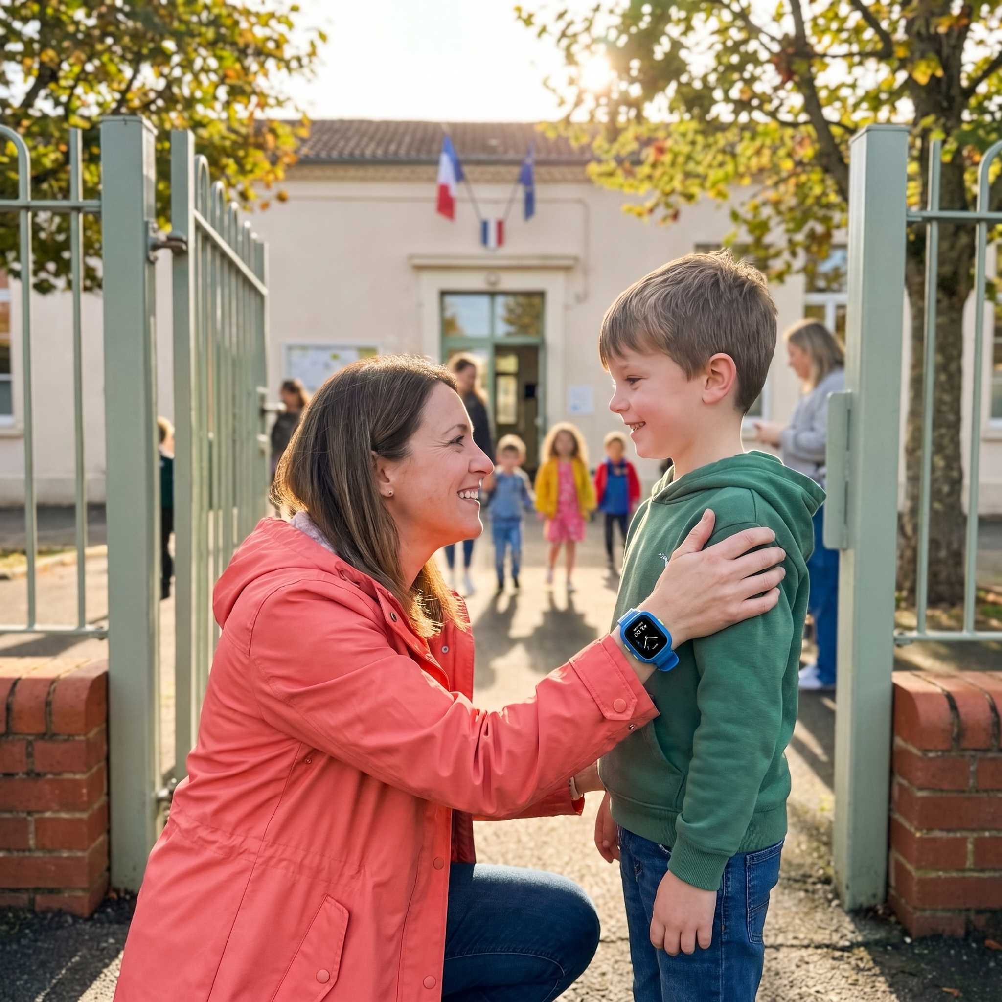 Maman et son fils à la sortie de l'école, montre Kidspot au poignet