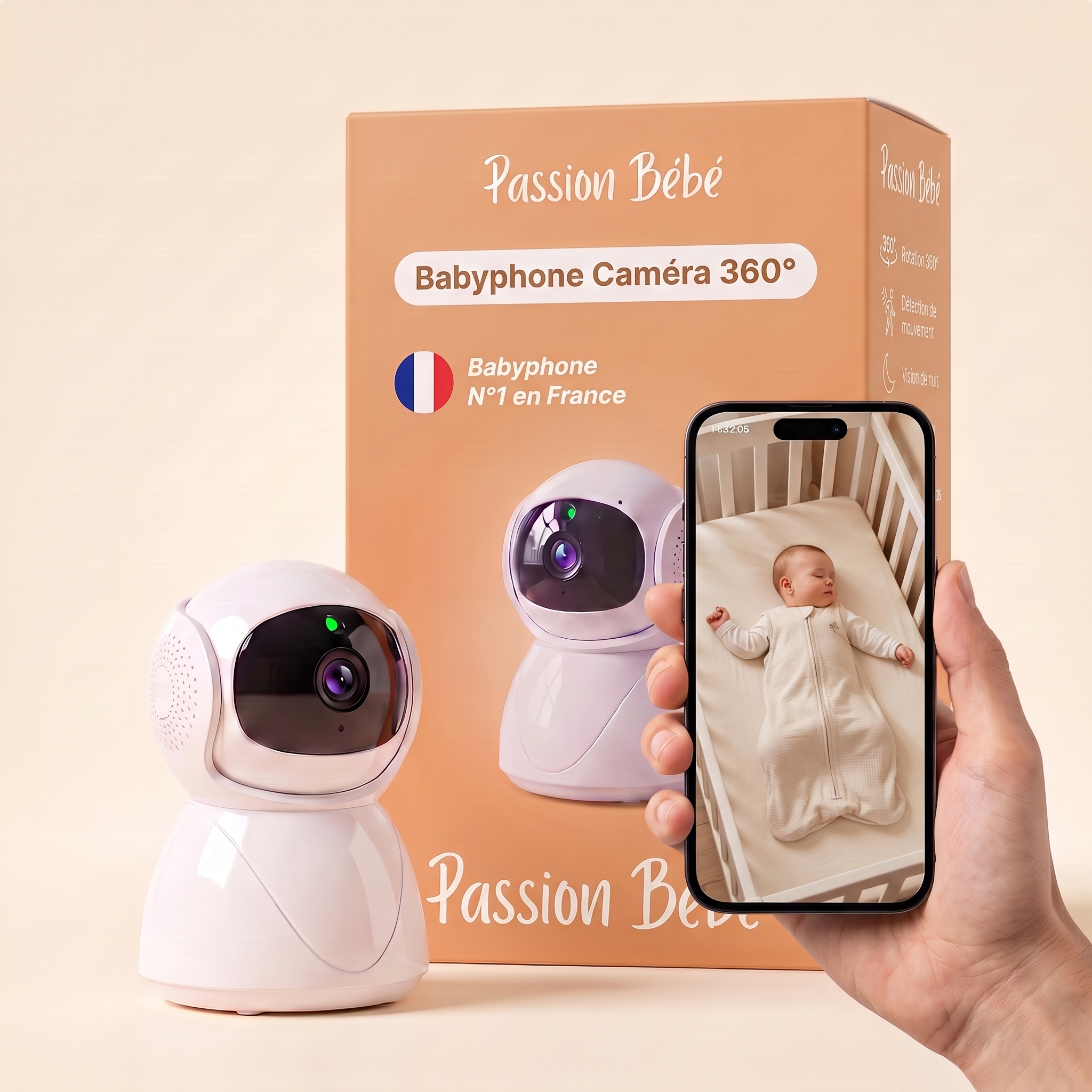 Babyphone caméra 360° Passion Bébé et sa boîte, image de bébé sur le téléphone