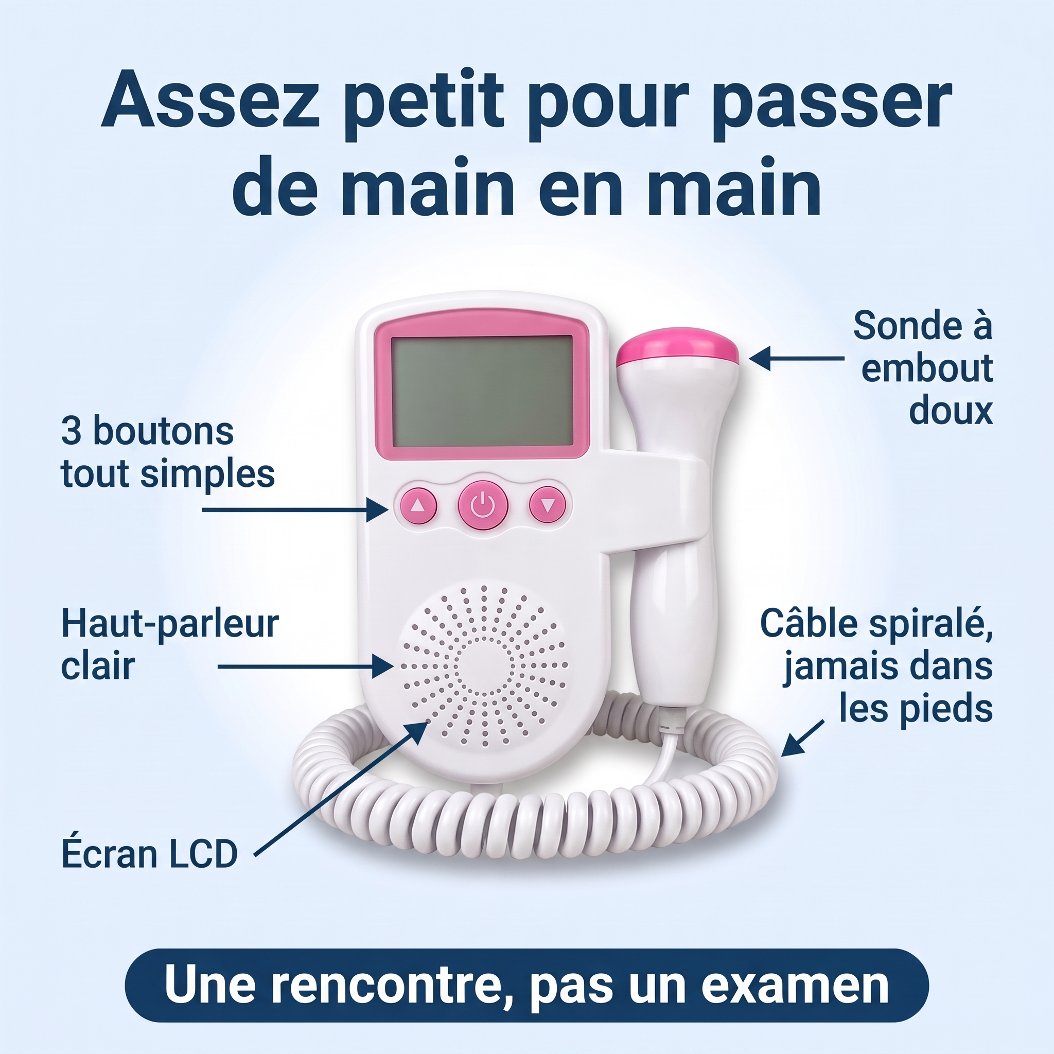 Doppler fœtal : sonde à embout doux, 3 boutons, haut-parleur, câble spiralé, écran LCD