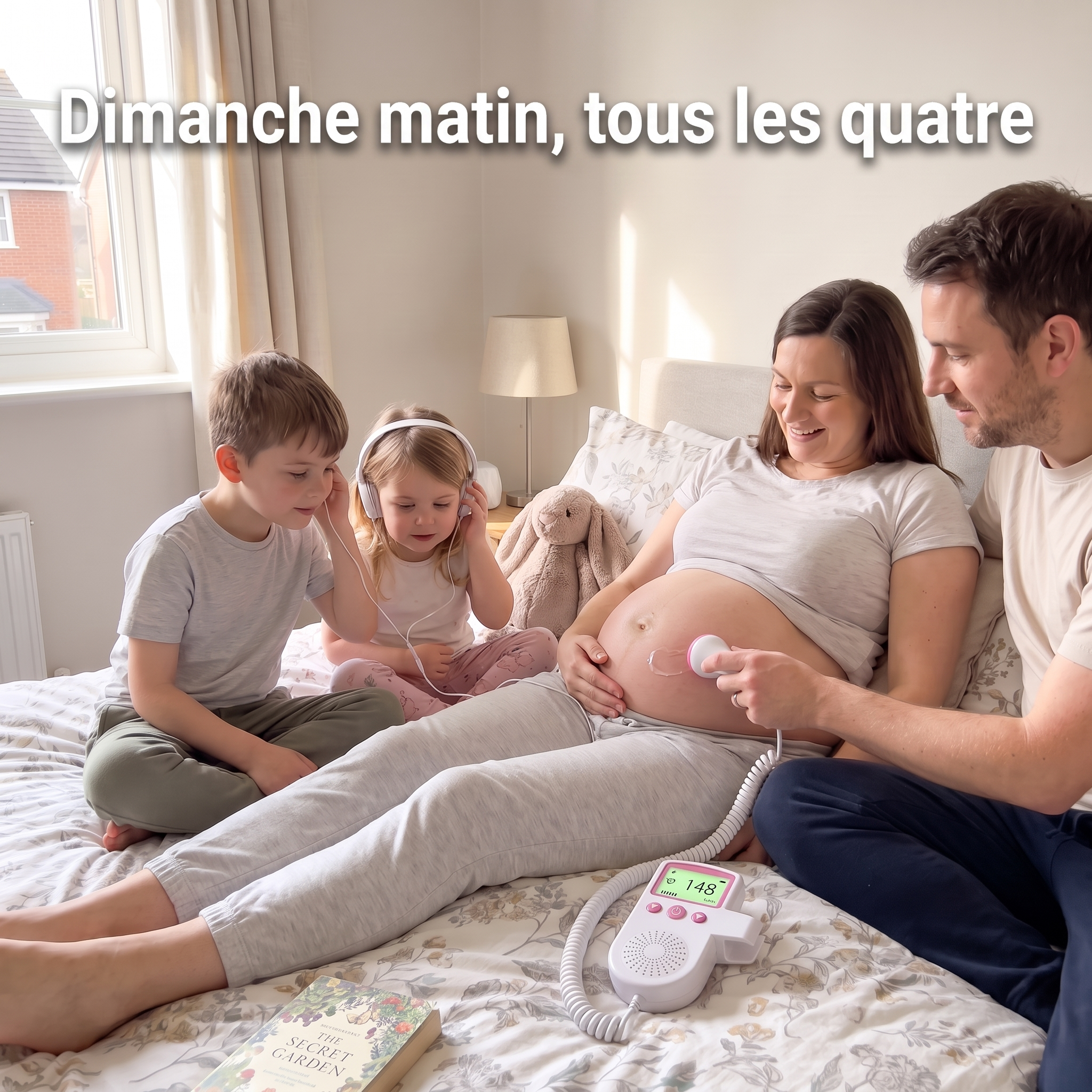 Dimanche matin en famille sur le lit avec le doppler fœtal