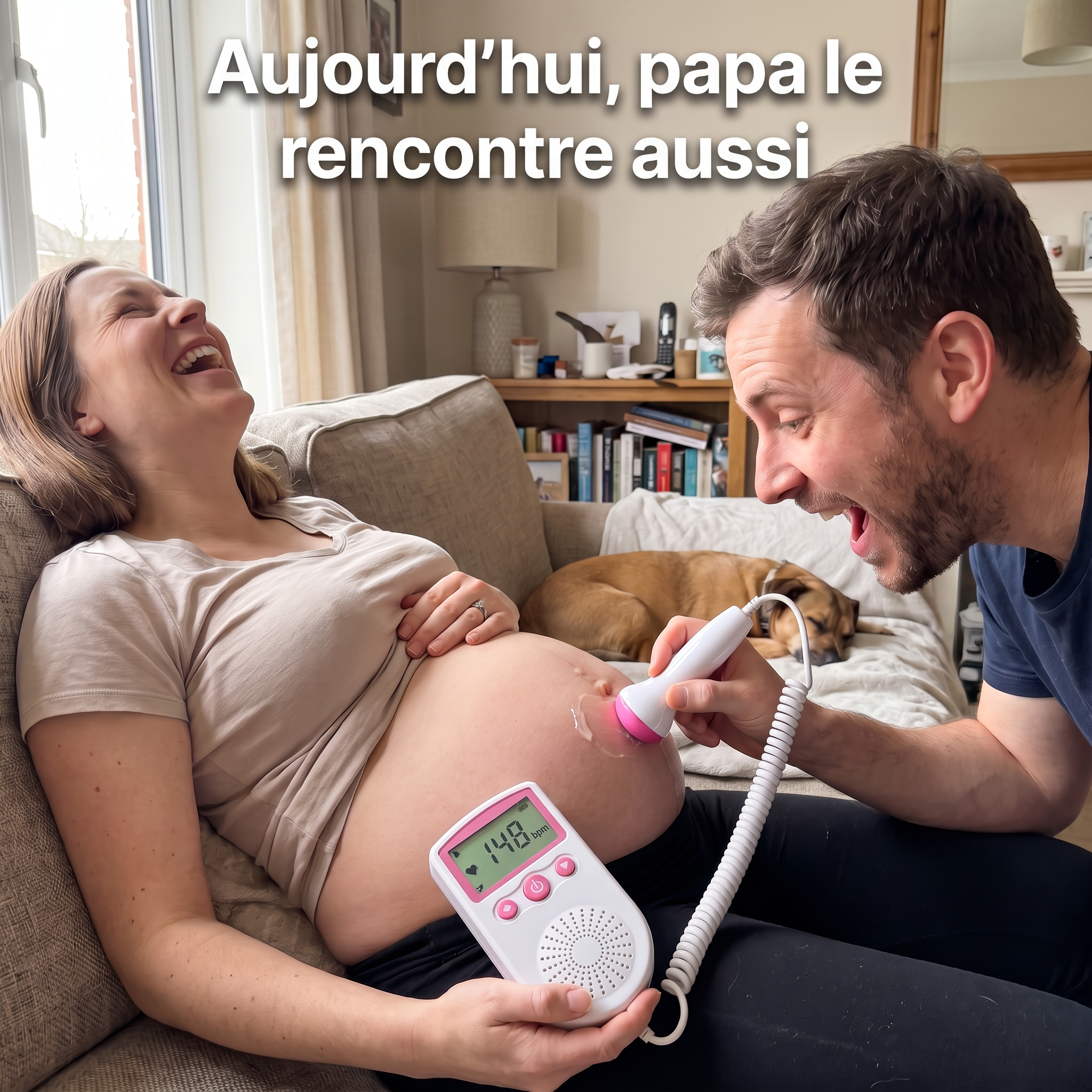 Aujourd'hui, papa le rencontre aussi : futur papa qui écoute le cœur de bébé avec le doppler fœtal