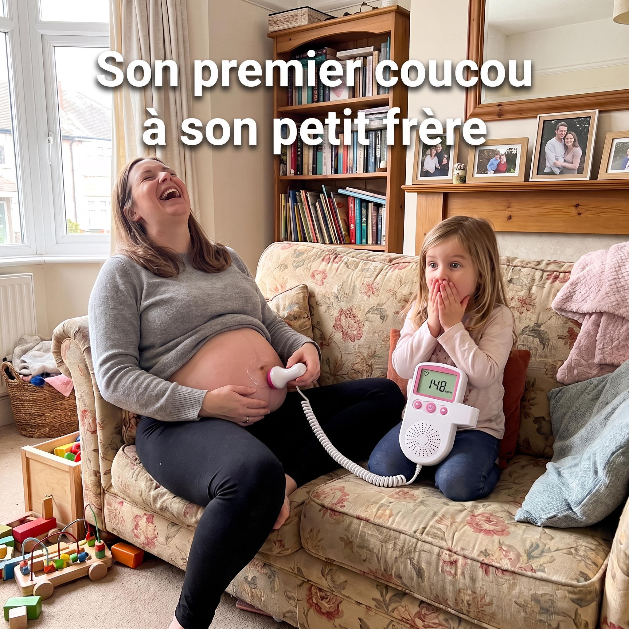 Petite fille émerveillée qui entend le cœur de son petit frère grâce au doppler fœtal