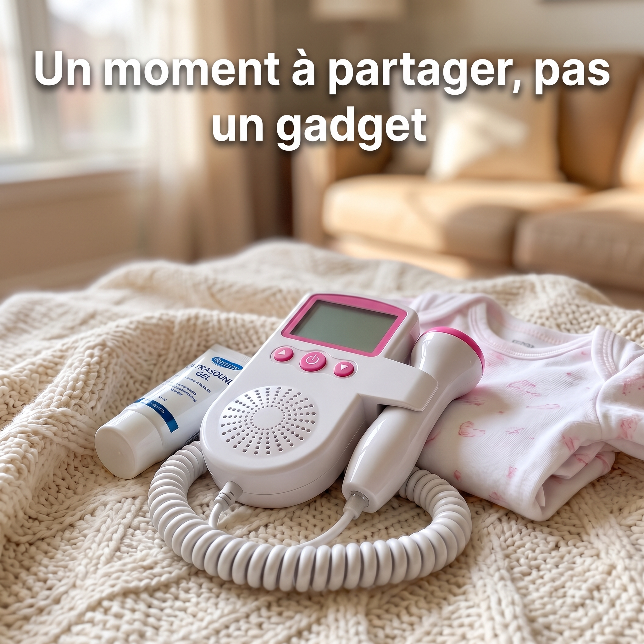 Doppler fœtal posé sur un plaid avec son gel