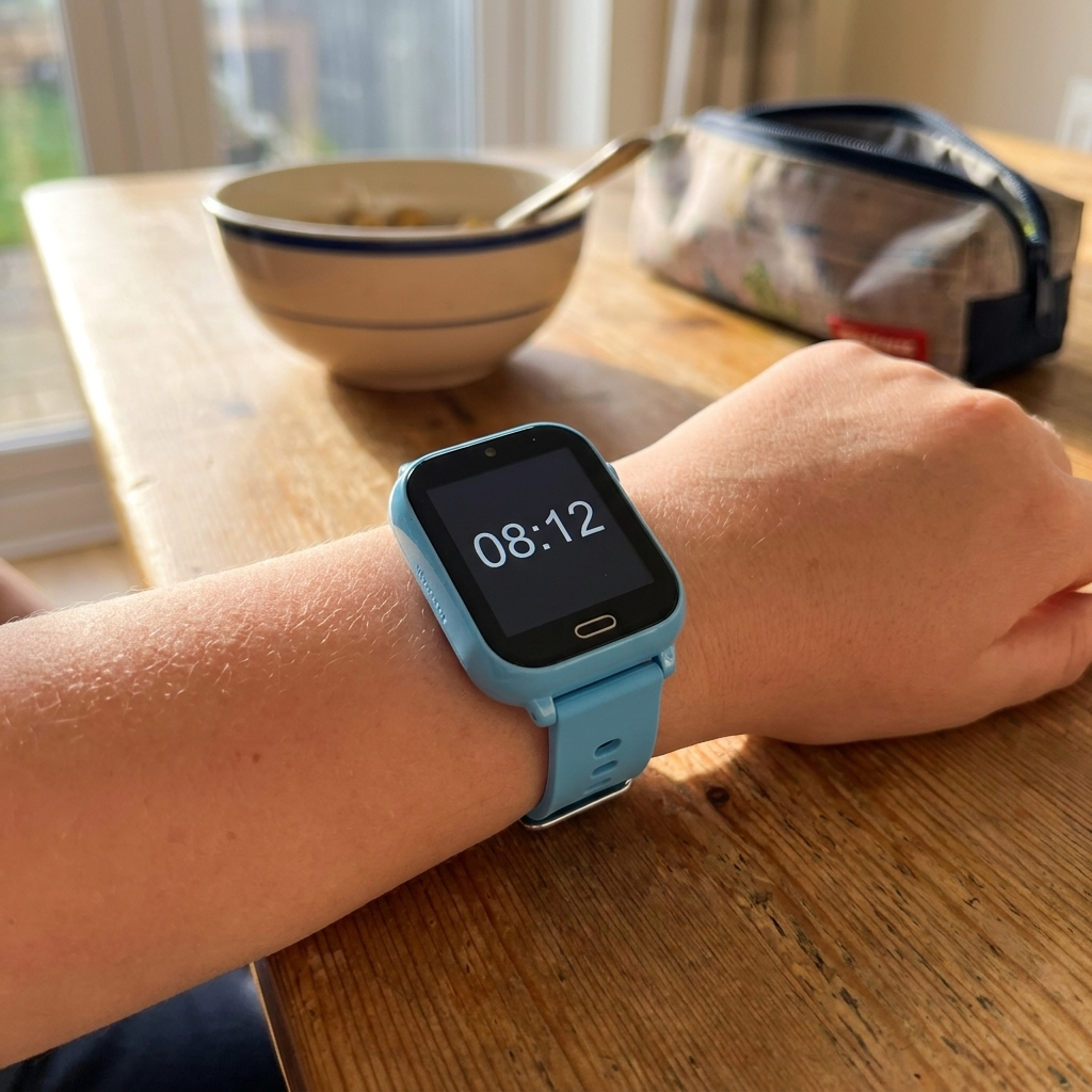 Montre Kidspot bleue au poignet d'un enfant au petit-déjeuner