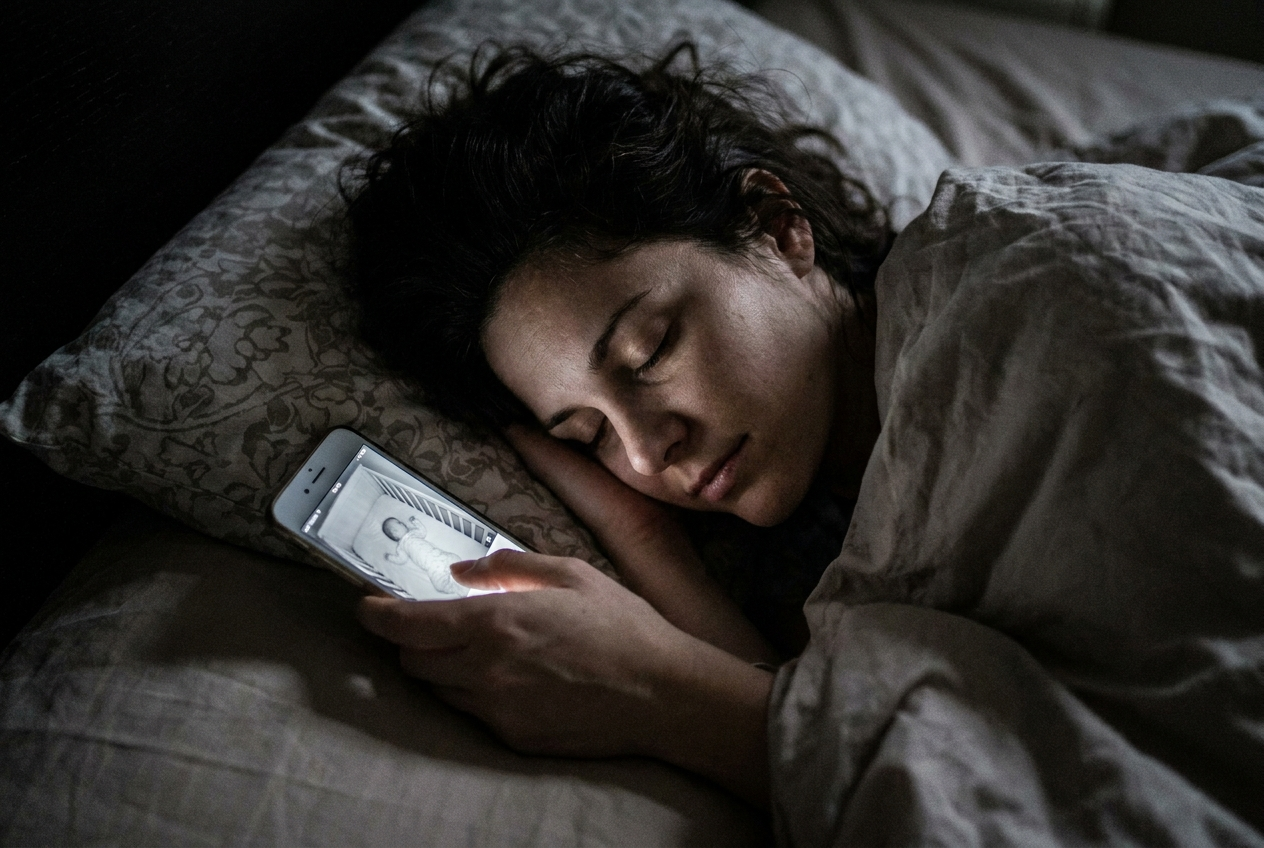 Maman allongée dans son lit qui regarde bébé dormir sur son téléphone
