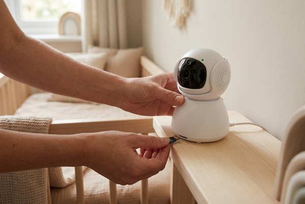 Mains qui branchent la caméra babyphone sur une étagère près du lit de bébé