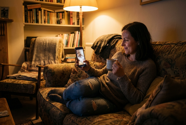 Maman détendue sur le canapé qui regarde bébé sur son téléphone