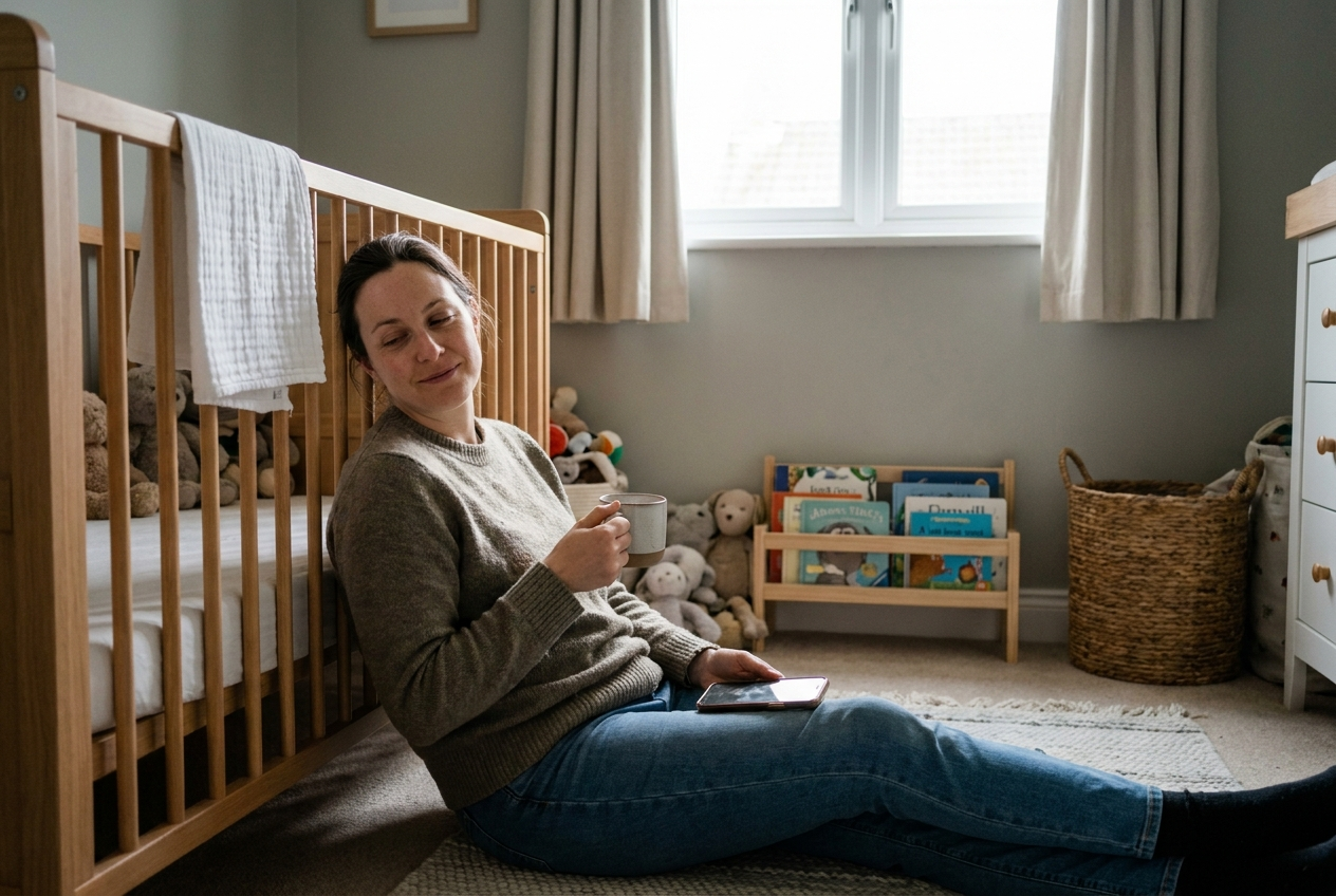 Maman assise par terre dans la chambre de bébé, sereine