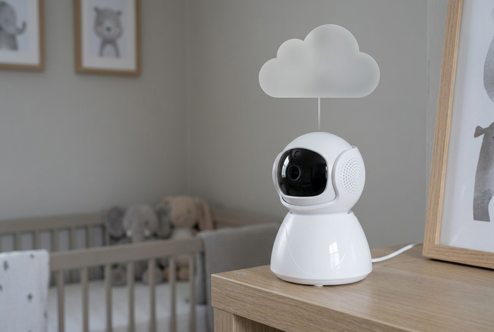 Caméra babyphone avec un petit nuage au-dessus, symbole du stockage en ligne
