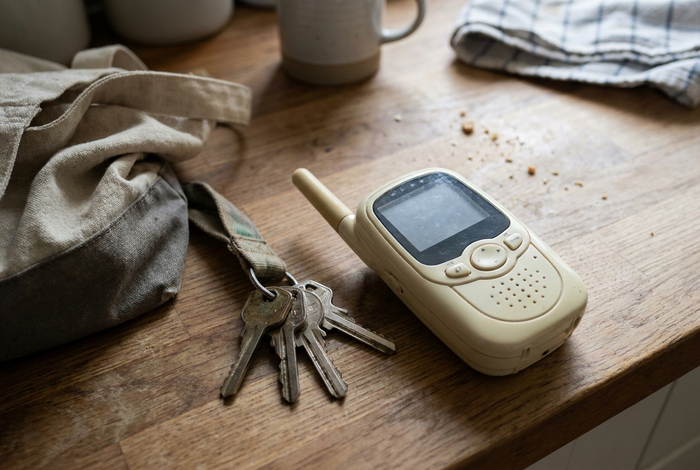 Ancien babyphone audio posé sur une table avec des clés