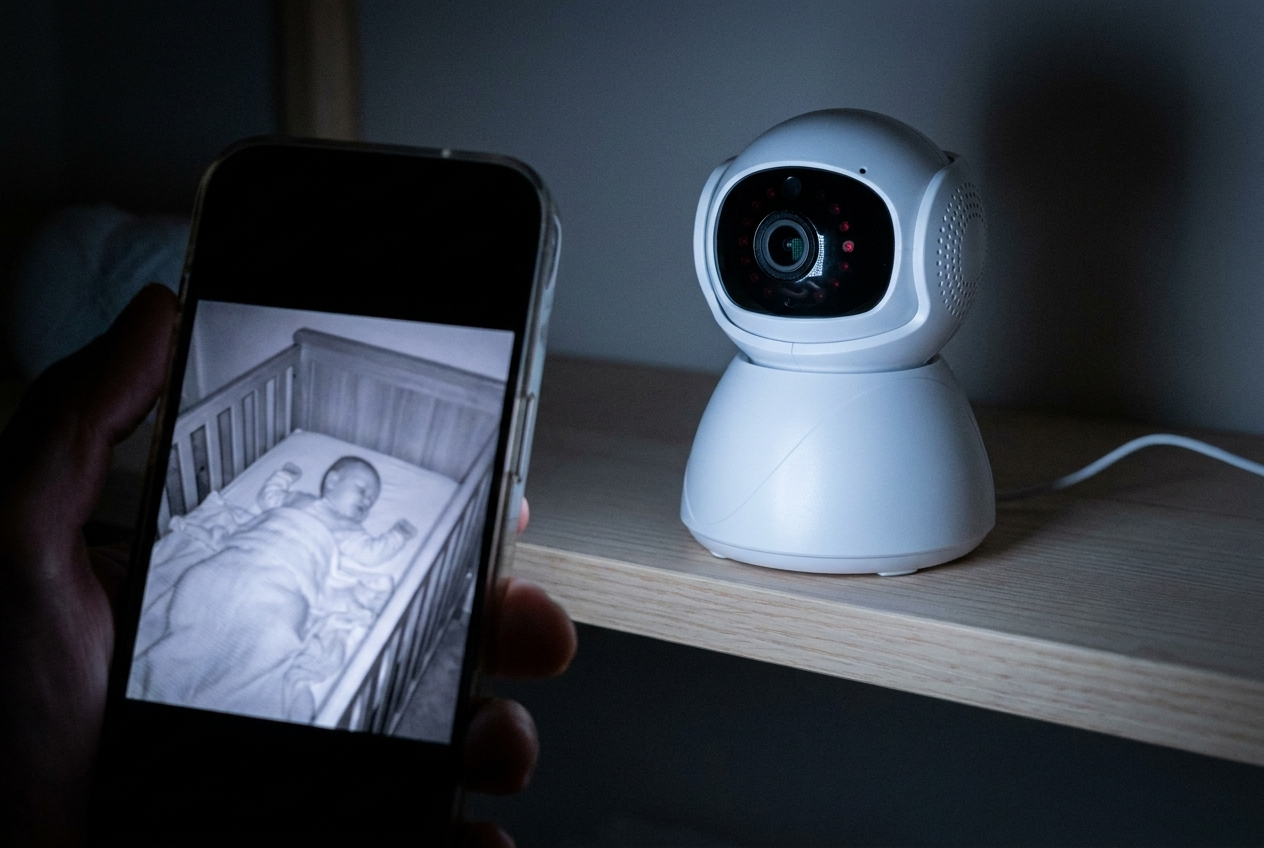 Vision de nuit du babyphone 360 sur un téléphone, bébé endormi dans son lit