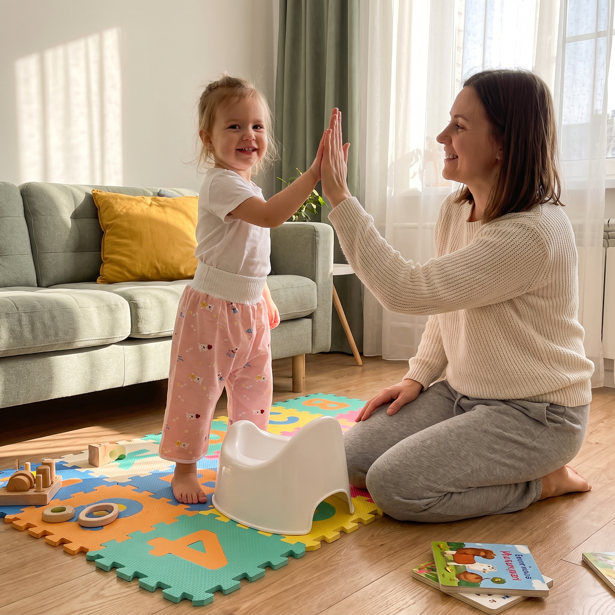 Petite fille en PantaSec rose près de son pot, sa maman la félicite