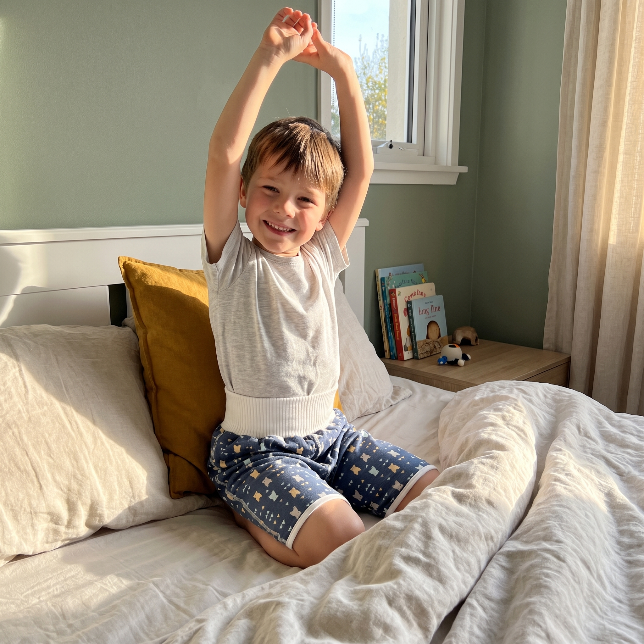 Enfant de 7 ans qui se réveille content dans son lit, en PantaSec bleu foncé