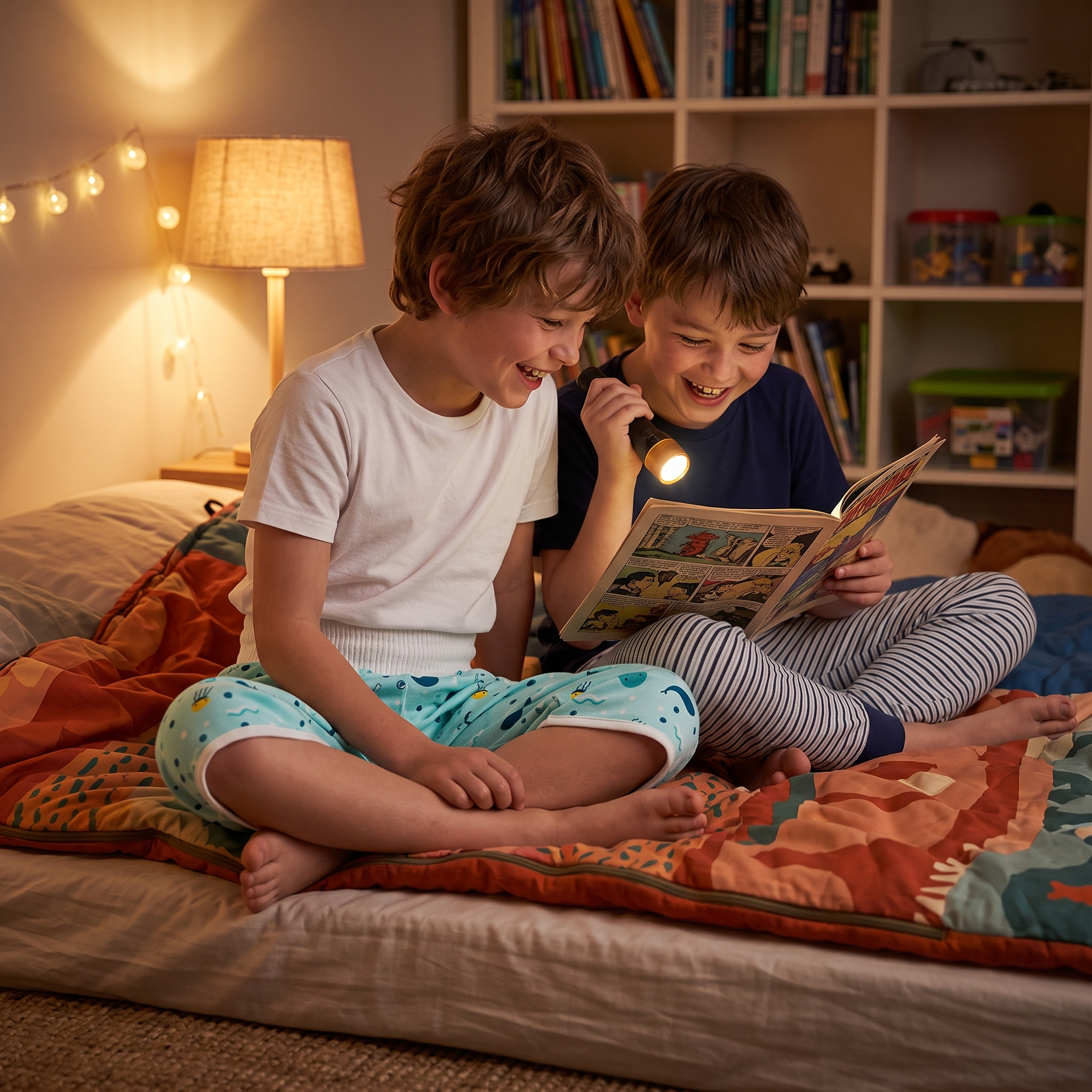 Soirée pyjama chez un copain, un enfant porte PantaSec bleu clair comme un pyjama