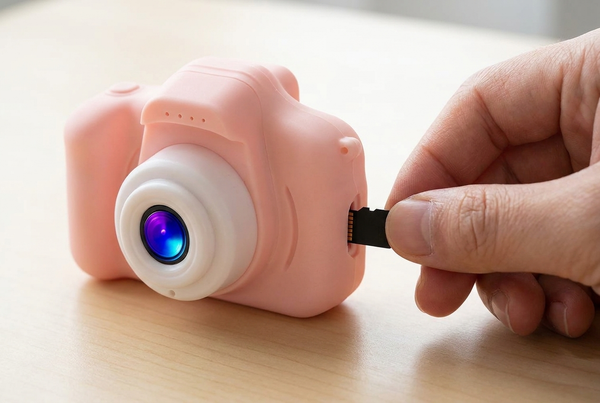 Insertion de la carte microSD dans l'appareil photo enfant