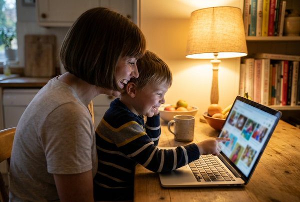 Parent et enfant qui regardent les photos de la journée sur un ordinateur