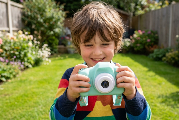 Enfant qui tient l'appareil photo à deux mains grâce à la double poignée