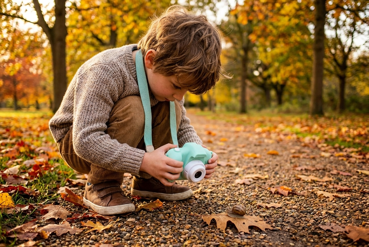 Enfant accroupi dans un parc en automne qui photographie le sol avec l'appareil Pixie