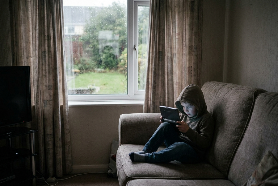 Enfant assis à l'intérieur qui joue sur une console portable