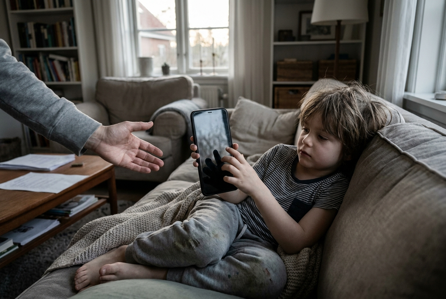 Enfant sur le canapé qui regarde des vidéos sur le téléphone d'un parent